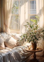 Sun-drenched Cozy Corner with Fresh Flowers and Comfortable Cushions, Inviting Peaceful Morning Moments - 781421121
