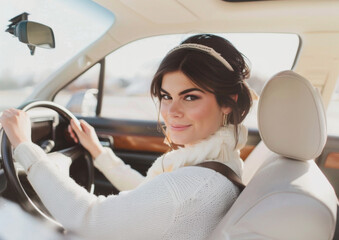 Elegant Woman Smiling Behind Wheel, Vintage Car, Bright Day, Freedom of the Open Road Beckons - 781421132