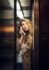 Contemplative Woman in Stylish Coat Speaking on Public Telephone in Vintage Booth, City Life Concept
