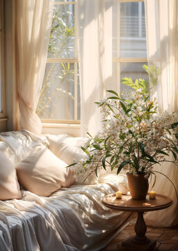Sun-drenched Cozy Corner with Fresh Flowers and Comfortable Cushions, Inviting Peaceful Morning Moments