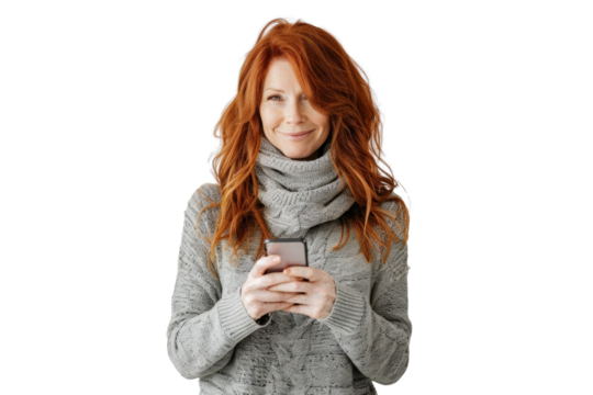 Redhead with Phone on Transparent Background - Powered by Adobe