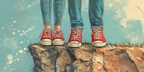 Couple s Shoes Standing at the Edge of a Cliff Symbolizing Adventure and Love s Leap of Faith
