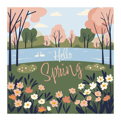 Concept poster Spring park with pink blooming tree and lake. Landscape flat vector illustration