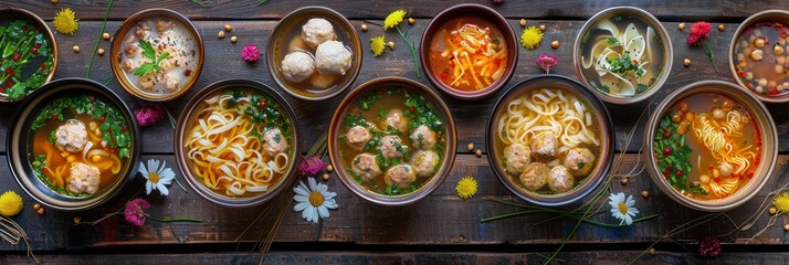Soup Collection, Noodle, Meatballs and Chickpea Soups on a Rustic Background Top View, Various Broth - obrazy, fototapety, plakaty