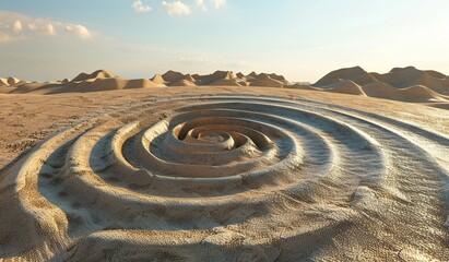 Fototapeta na wymiar Spiral sand sculpture in vast desert landscape against clear sky