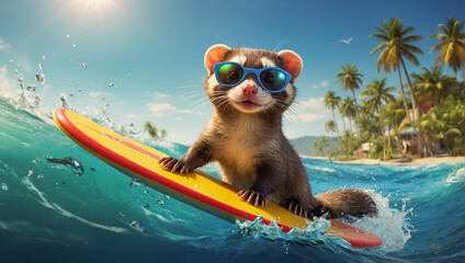 cute ferret rides on a surfboard vacation