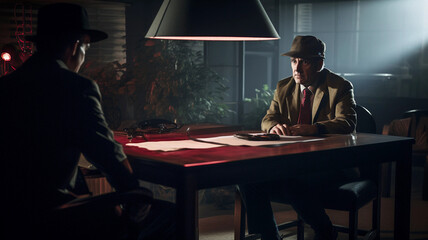 An agent interrogate a criminal in dark room, interrogation concept