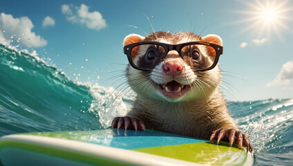 cute ferret rides on a surfboard creative