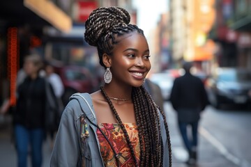 African woman wearing braid hairstyle walking on urban city street, Generative Ai