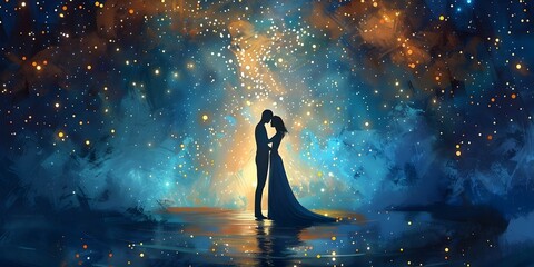 Lovers Eternal Embrace Under Twinkling Starry Sky Symbolizing Boundless Romance and Cosmic Connection - obrazy, fototapety, plakaty