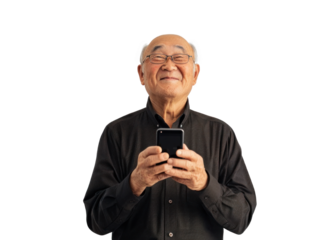 East Asian Senior Man Smiling with Phone
