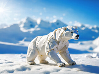 Origami paper adult polar bear standing snow in North Pole. Children's book illustration.