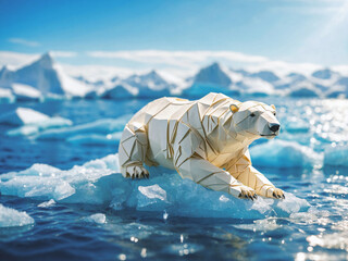 Origami paper adult polar bear lying on ice floating in sea in North Pole. Children's book illustration.