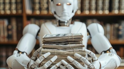Old robot hold pile of money banknotes in hands Retro robotic assistant or helper with stack of bills offer mortgage or loan - obrazy, fototapety, plakaty