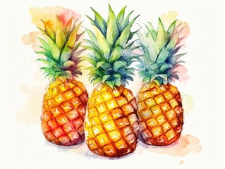 Watercolor Whole Pineapple Isolated, Aquarelle Ananas, Comosus, Creative Watercolor Tropical Fruit