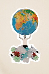 Creative vertical collage young strong activist man holding Earth pollution getting rid garbage...