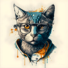 Hipster Cute Pop Art Cat Illustration, Hand Drawn