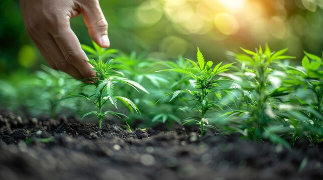 man hand hold in palm cannabis seed in soil