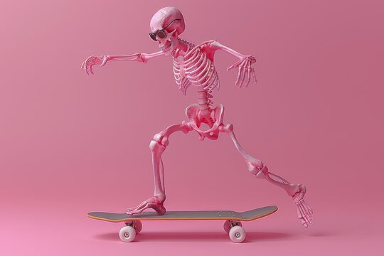 Playful skeleton in sunglasses mastering tricks on a skateboard, a display of fun skeletal agility
