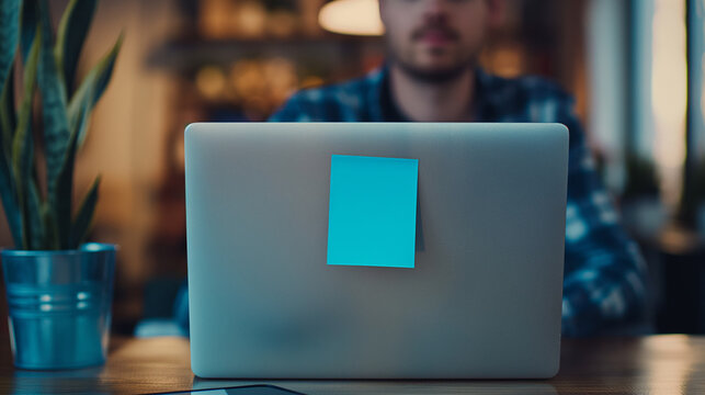 Blue sticky note attached to the back of a laptop screen with a man in the background