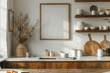White mock-up of a wall Picture frame in the kitchen, The interior of a modern kitchen. Layout for the design