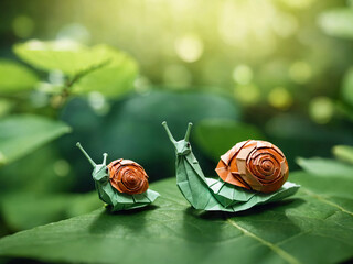 Adorable origami paper snail family standing on a leaf in nature. Children's book illustration.