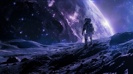 An astronaut in a spacesuit on the moon, exploring the lifeless lunar surface, surrounded by craters and endless space - obrazy, fototapety, plakaty