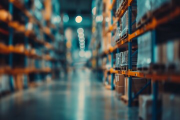 A blurred background of a warehouse with shelves filled with cardboard boxes and cargo - obrazy, fototapety, plakaty