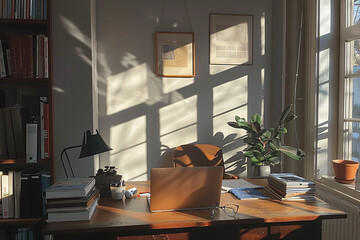 aesthetic clean vintage workspace, work from home, home office, cast shadows, casual everyday life