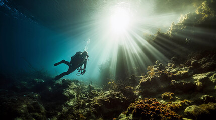 An underwater photograph depicts a solitary scuba diver exploring the depths of the sea. Surrounded by vibrant marine life and submerged landscapes, the image evokes a sense of adventure and wonder