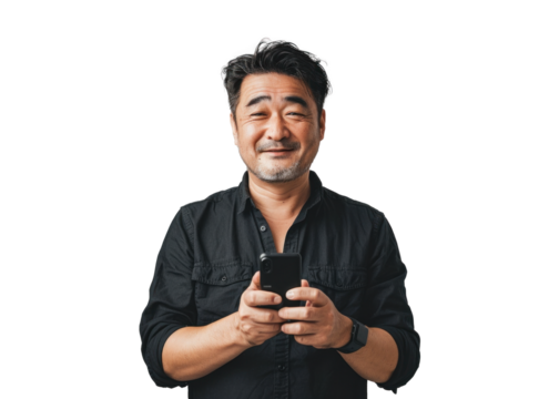 East Asian Man With Phone on Transparent