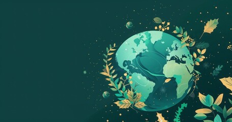 An illustrative design of hands holding a globe surrounded by plants, symbolizing care for the environment