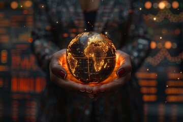 Closeup of a businesswomans hands holding a glowing globe, symbolizing global business strategies and sustainability, with charts and graphs projected in the background