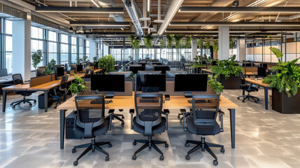 a large office with a large desk and chairs with plants on it