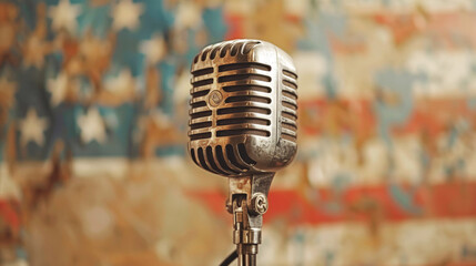 A microphone on a stand, set against a backdrop of a American flag, representing the power of voice in a free society. Vintage style.