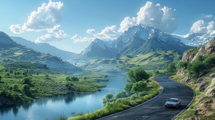 Breathtaking digital artwork of a tranquil lake with mountain backdrop and a scenic winding road on a sunny day