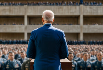 Democrat politician stands tall amidst a sea of supporters at rally. Back view of presidential candidate delivering a speech to military personnel - obrazy, fototapety, plakaty