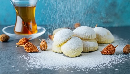 Delicate Eid Sweets with Tea- Celebratory Maamoul Cookies and Powdered Sugar on Kahk  - obrazy, fototapety, plakaty