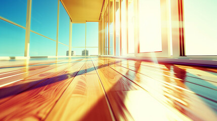 a wooden floor with a view of a cityscape in the background