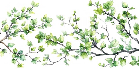 Obraz na płótnie Canvas An assortment of biological graphic illustrations with an array of green tree branches rendered in watercolor over a white backdrop and space, Generative AI.