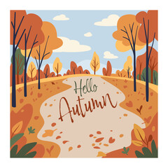 Concept poster autumn park with leaf fall. Landscape flat vector illustration