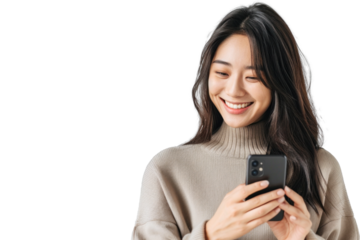 East Asian Woman Smiling with Smartphone