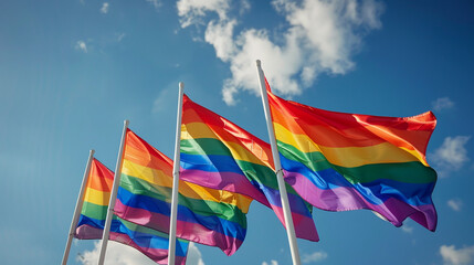 Rainbow Flags: Close-up shots of rainbow flags waving proudly against blue skies, symbolizing unity, diversity, and LGBTQ+ pride, pride month and day, holiday