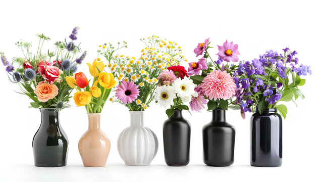 Set of beautiful fresh flowers in stylish vases on white background