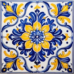 Fototapeta na wymiar Authentic Portuguese Azulejos Tiles with Vivid Cobalt Blue, Sun-Kissed Yellow, and Pure White Botanical Motifs