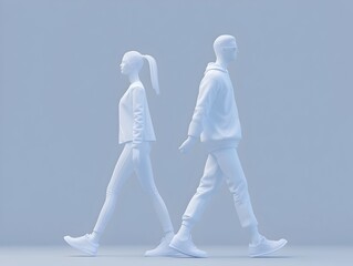Abstract Figures Walking in Minimalist White Digital