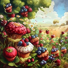Whimsical Muffin Meadow Bursting with Juicy Berries and Vibrant Colors in a Fantasy Landscape