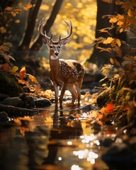 A graceful deer, dappled coat, drinking from a crystal-clear stream winding through a vibrant autumn forest Sunlight filters through the colorful leaves, creating a magical atmosphere - obrazy, fototapety, plakaty