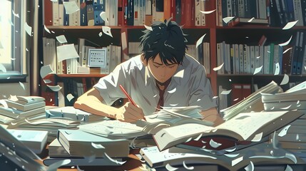 Focused Editor Revising Manuscripts in a Publishing House Library