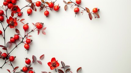 Top view of rosehips kept on a clean white surface with a big space for text or product, Generative AI. - obrazy, fototapety, plakaty
